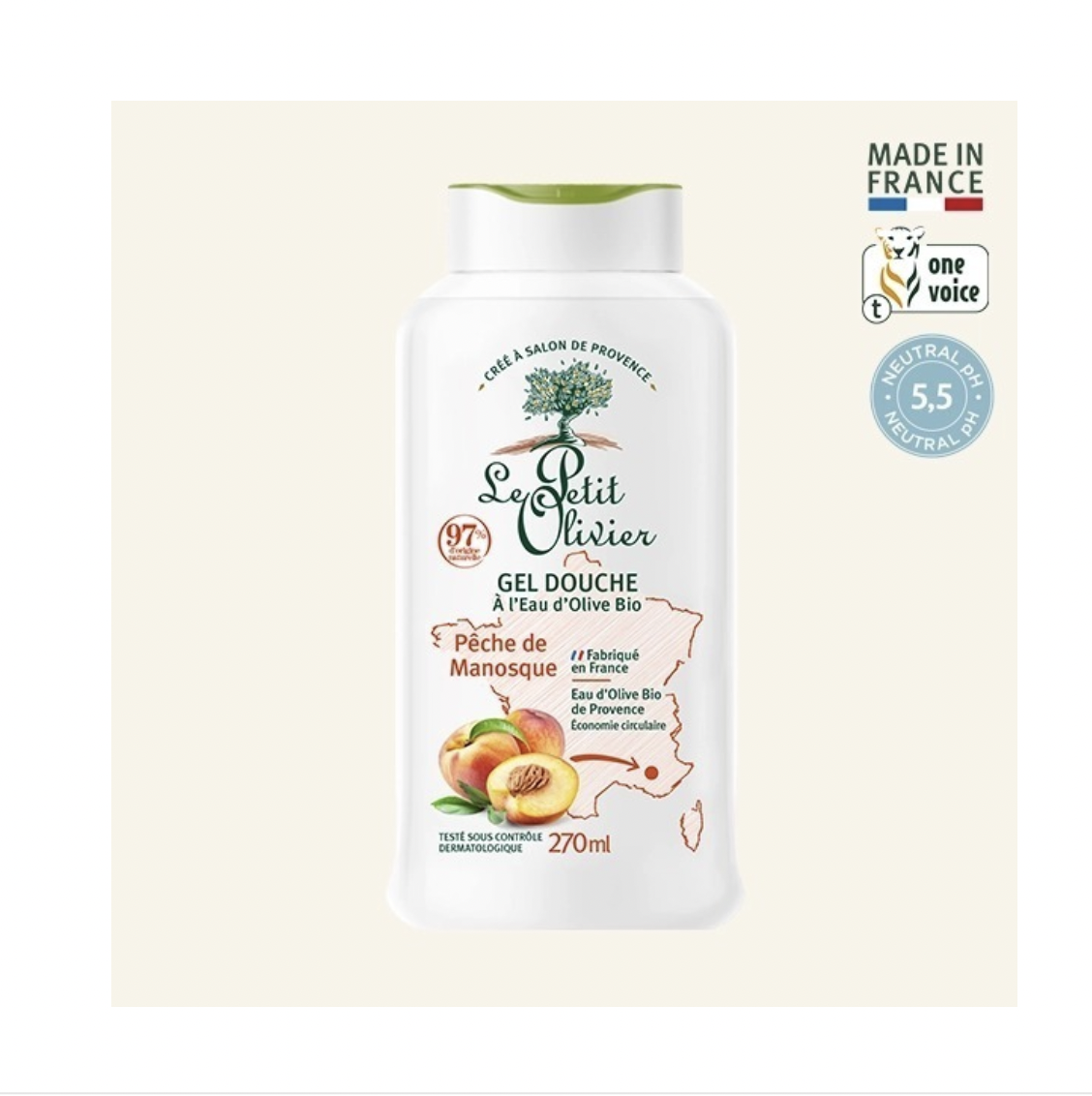 Gel de Ducha Durazno y Agua de Oliva Extra Suave 270ml. Le Petit Olivier