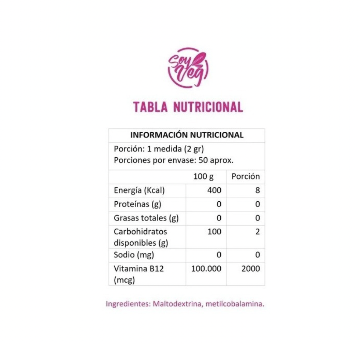 Vitamina B12 100g. Suplemento Alimenticio Soy Veg - Image 4