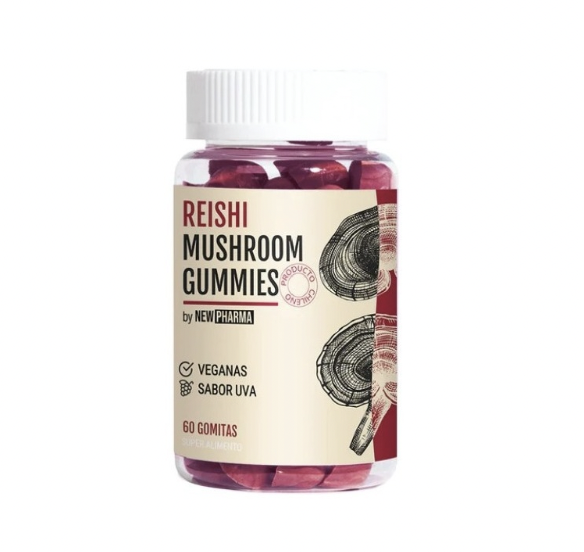 Reishi Hongos en Gomitas 60 Unidades Sabor Uva y Frutilla New Pharma