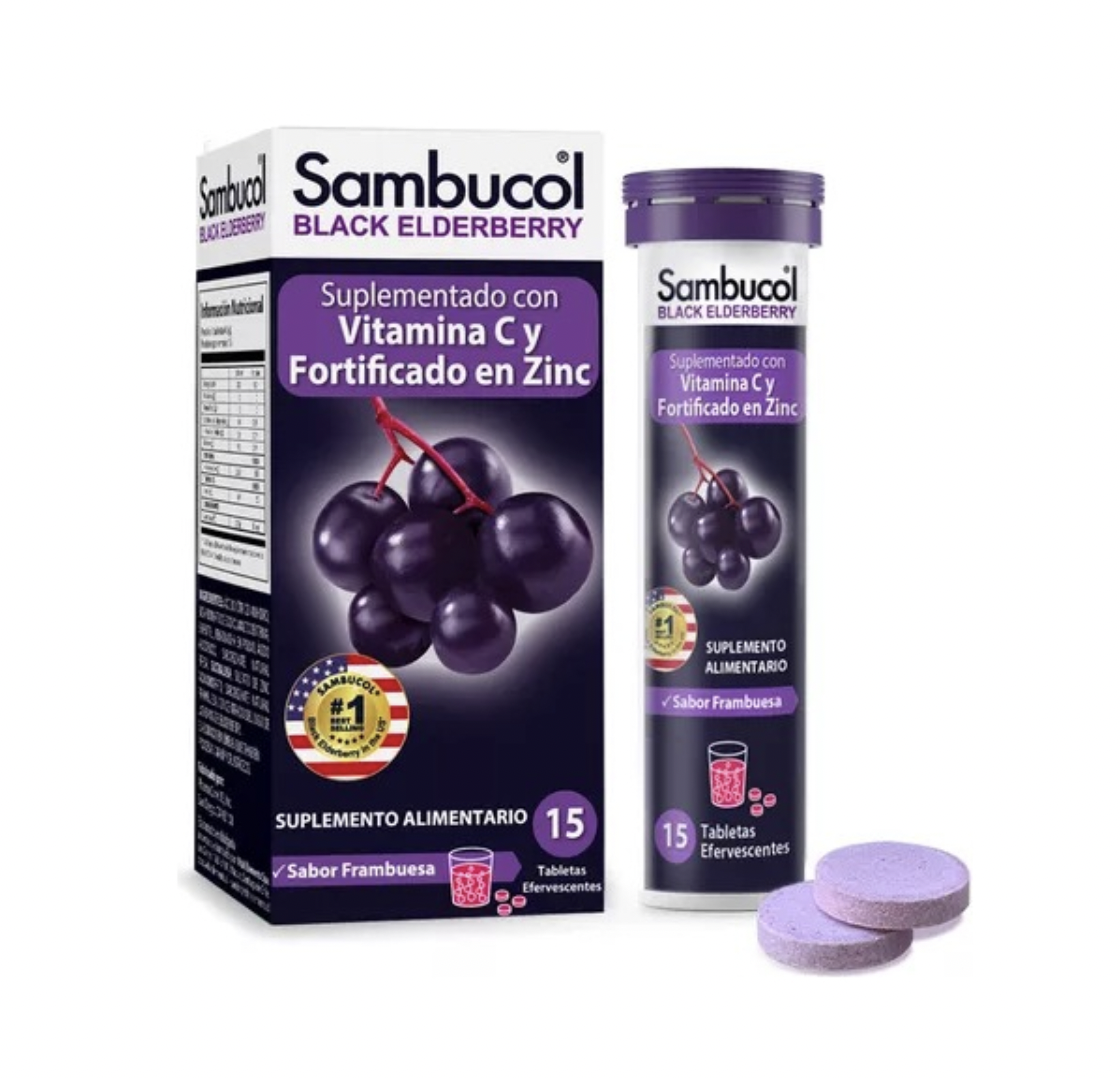 Vitamina C Fortificado en Zinc Suplemento Sabor Frambuesa 15 Tabletas Sambucol
