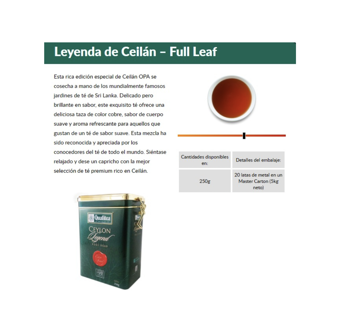 Té Ceylon Legend Full Leaf Caja Metal 250g. Qualitea - Image 2