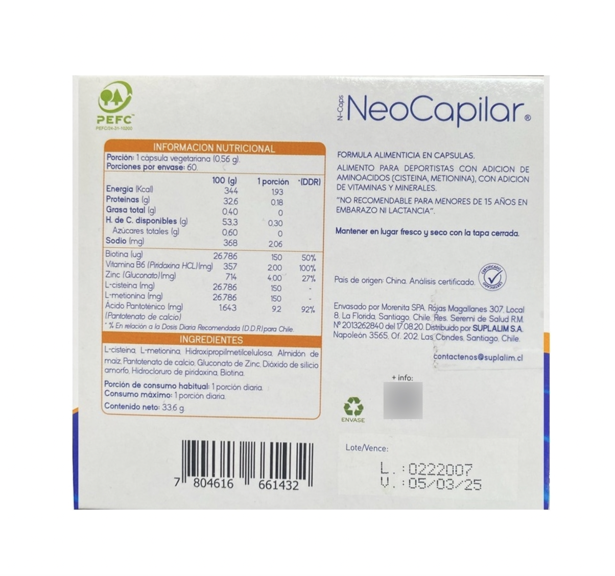 NeoCapilar Suplemento Alimentario en Cápsulas 60 Unidades Suplalim - Image 2